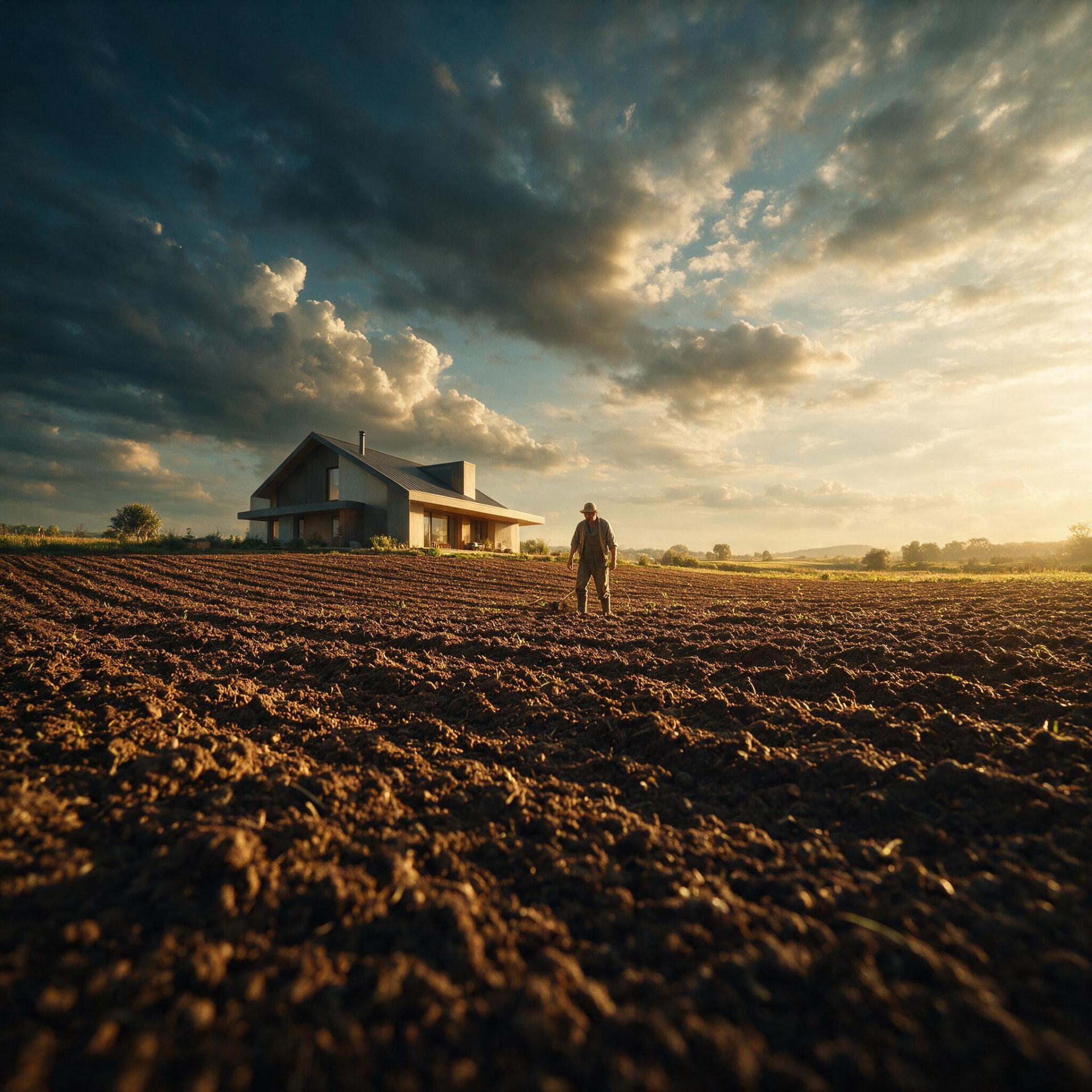 Propriedade rural com casa ao fundo e campo arado em primeiro plano
